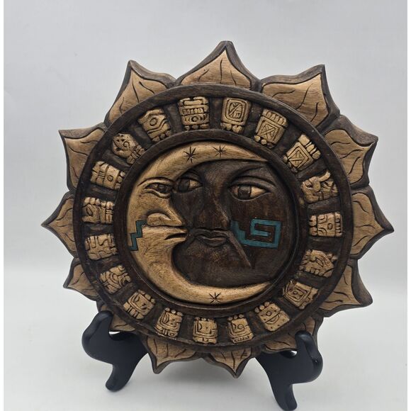 Vintage Mayan Aztec Wood Hand Carved Circular Calendar 10" Plaque Art Sun Moon - Picture 1 of 8